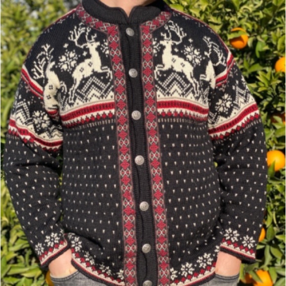 NWT Vintage Dale of Norway Red and Blue Reindeer Chunky Cardigan Sweater sz L - Picture 8 of 9